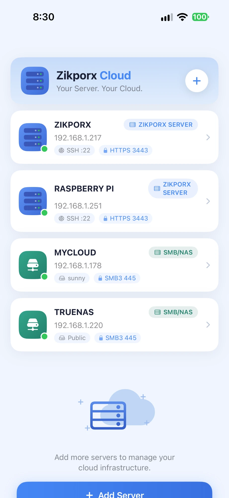 Zikporx Cloud server list on iPhone