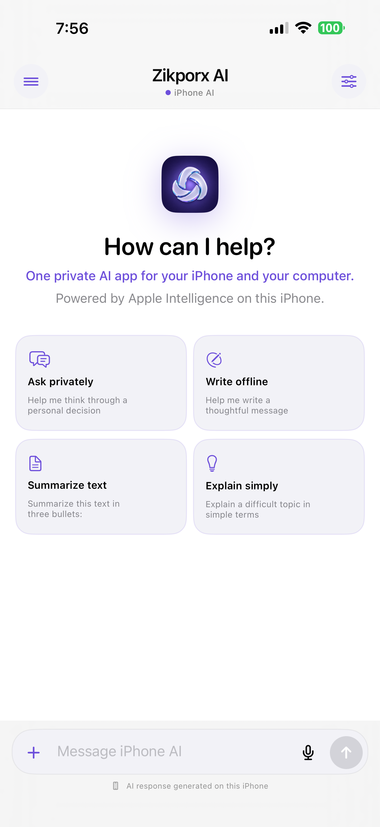 Zikporx AI home screen on an iPhone